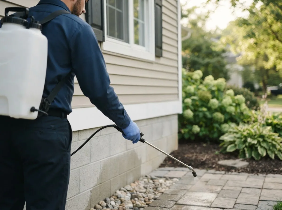 Pest control technician inspecting a home in Frankenmuth, MI